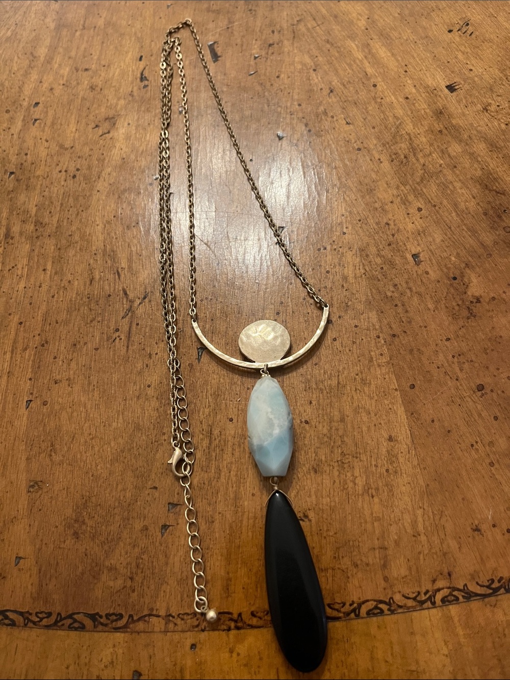 Boho Geometric Multi-Stone Pendant Long Chain Necklace Brass Gold Tone